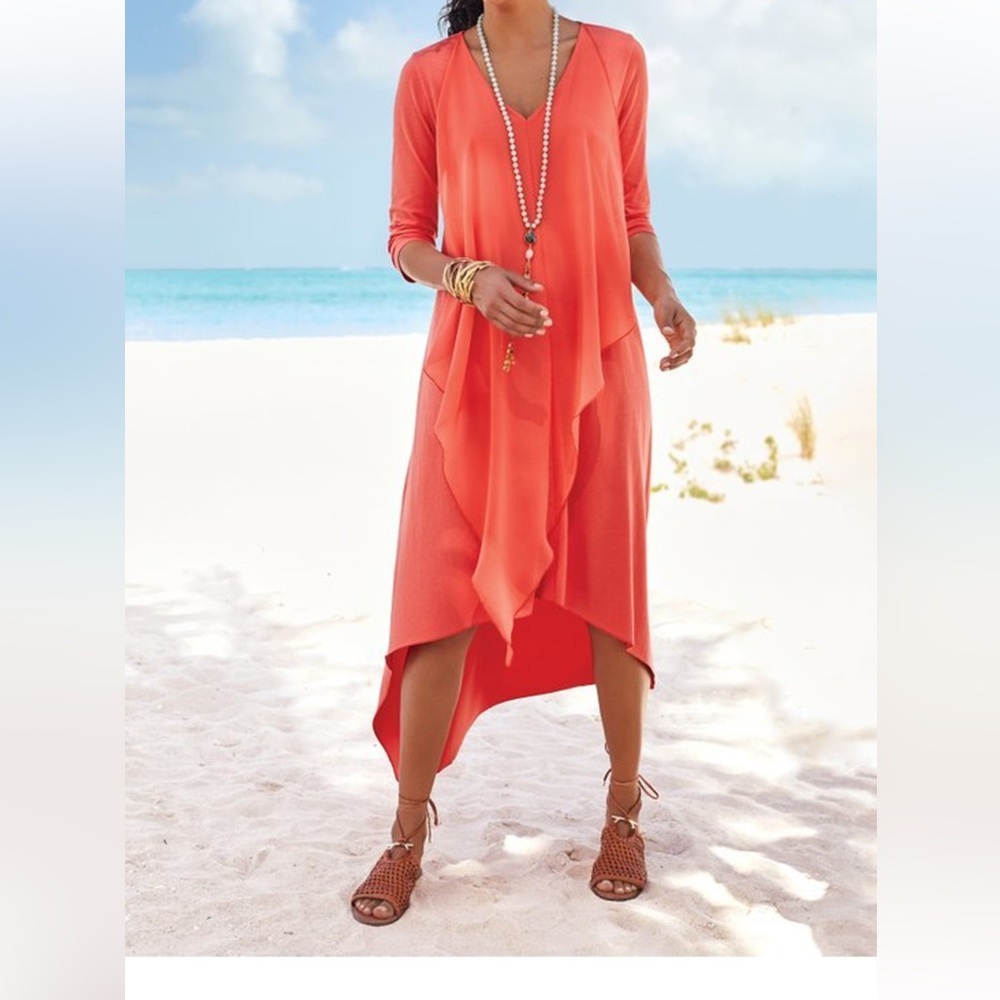 Soft Surroundings Orange Asymmetrical Wrap Dress with Dolman Sleeves NEVER WORN